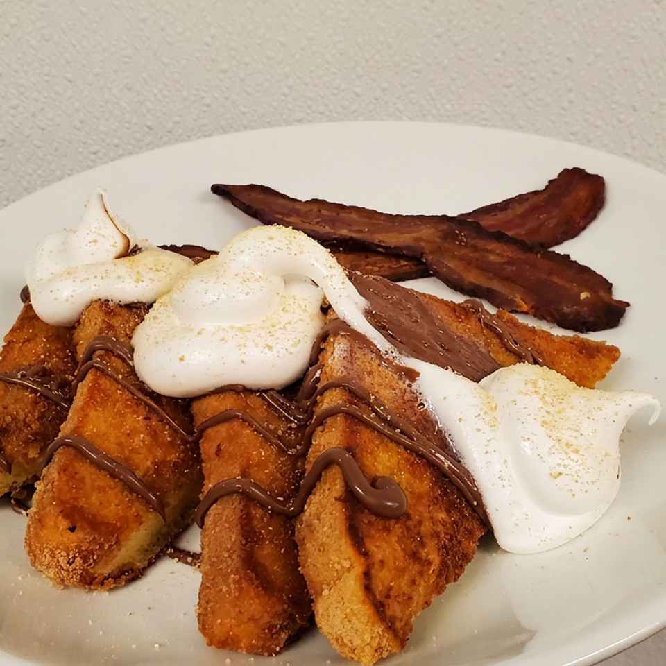 Golden fried French toast sticks drizzled with chocolate, topped with whipped cream and served with bacon.