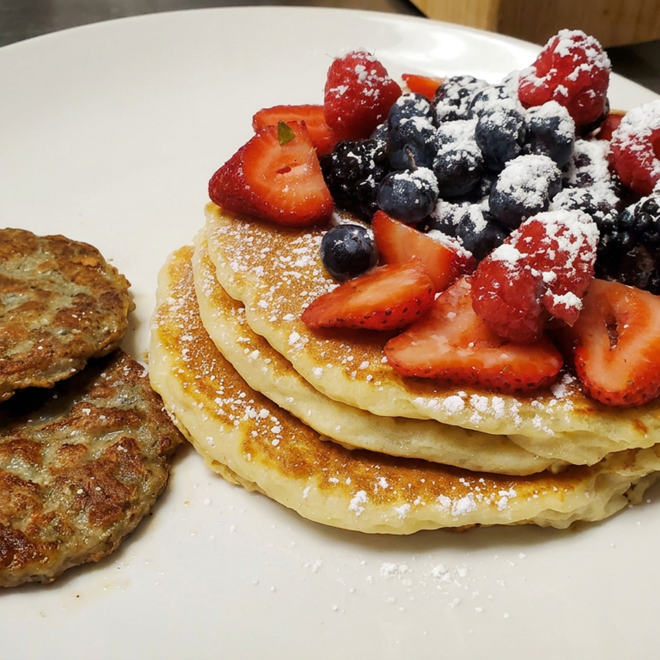 Stack of powdered-sugar pancakes topped with strawberries, blueberries, raspberries, and blackberries, served with two sausage patties.