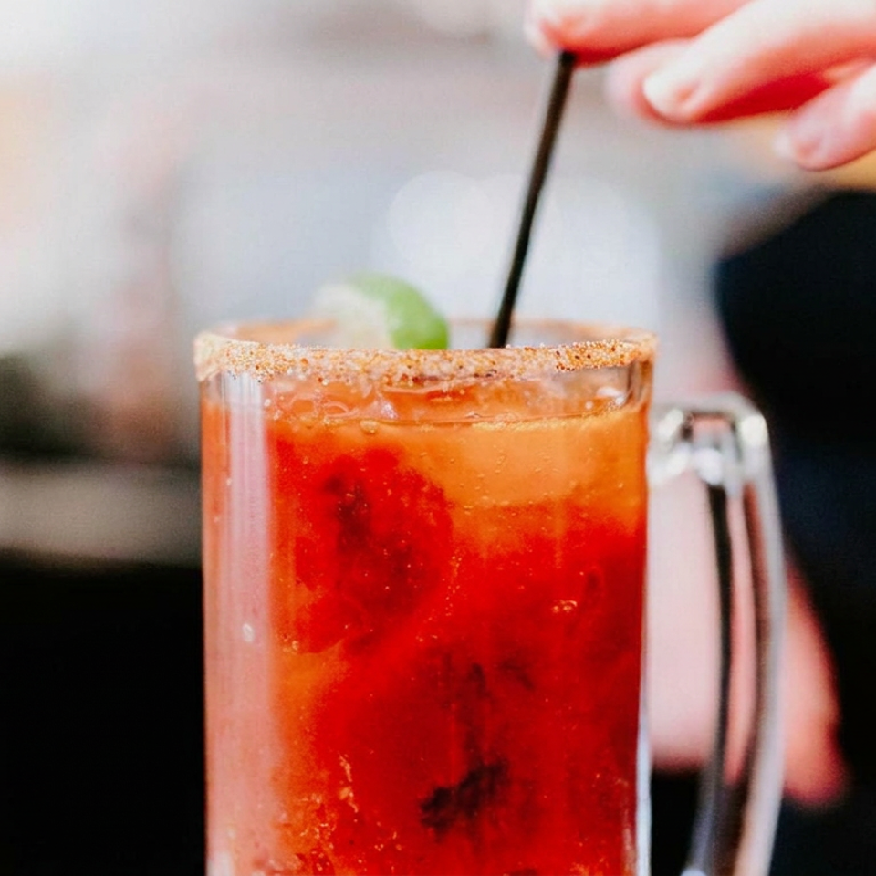 Hand stirs a red iced cocktail in a glass mug with a chili-salt rim and lime garnish.