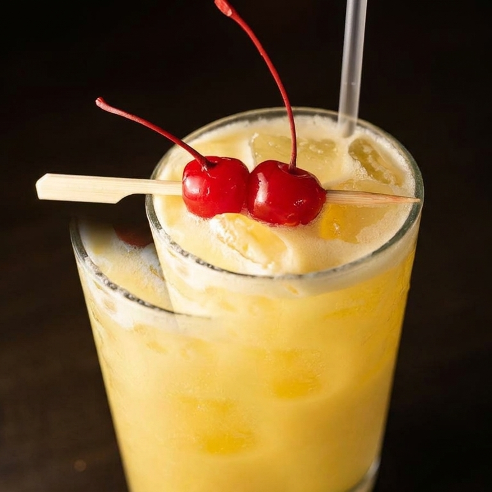 Close-up of a yellow frozen cocktail topped with two cherries, a lemon slice, and a straw against a dark background.